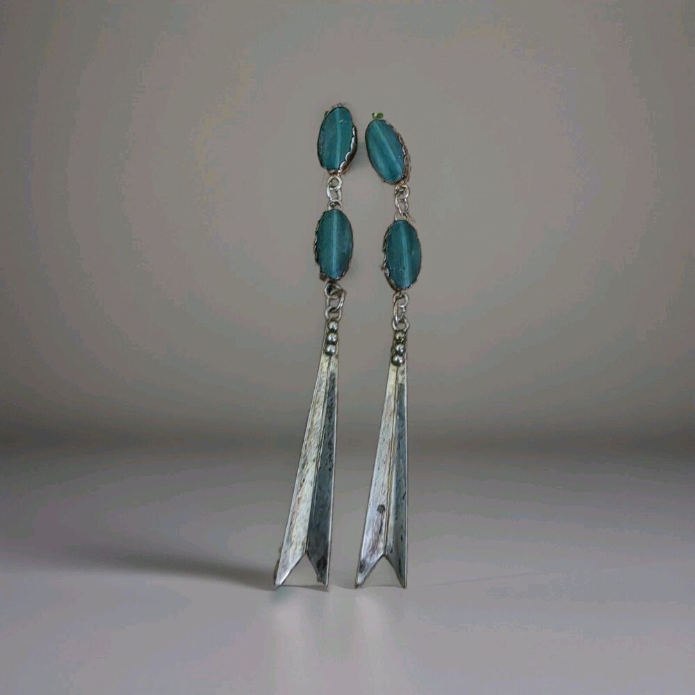 Vintage Sterling Silver 925 Long Dangle Earrings Green Oval Stones Post Backs
